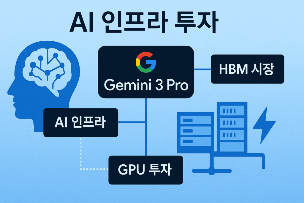 “Google Gemini 3 Pro 기반 AI 인프라와 GPU·HBM·데이터센터 구조를 나타낸 인포그래픽”
