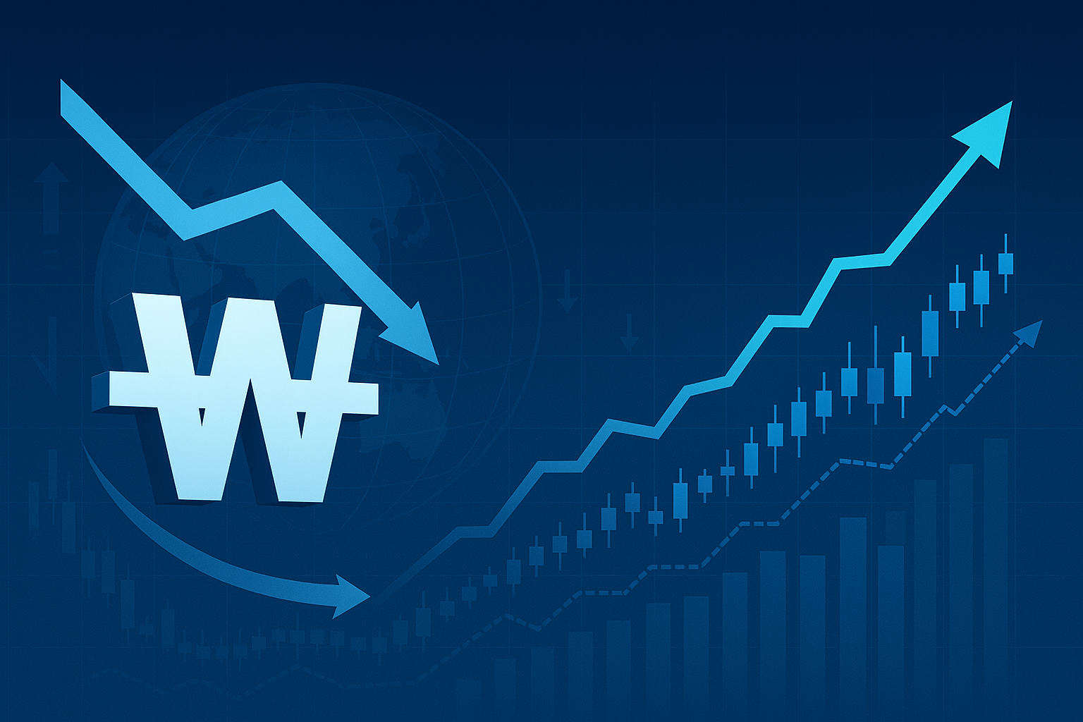 2025 원화 약세와 코스피 상승 분석: 글로벌 자금 흐름 해설 “하락하는 원화(₩)와 상승하는 주가 그래프가 대비된 경제 인포그래픽으로, 원화 약세와 코스피 상승의 괴리 현상을 시각적으로 표현한 이미지.”