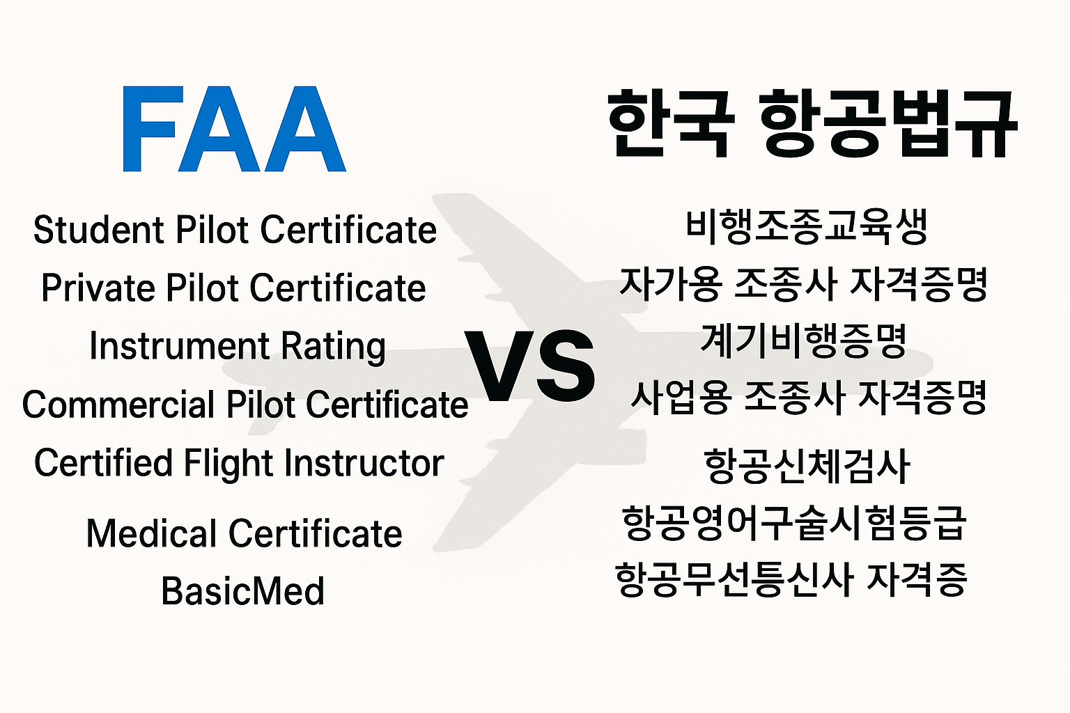 “FAA와 한국 조종사 자격증 구조를 비교한 파일럿 라이선스 단계 요약 이미지”