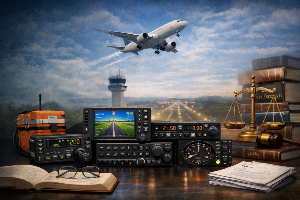 항공운송사업 필수 무선설비를 주제로 한 학술적 표지 이미지로, 항공기 계기와 통신·항법 장비, 관제탑과 활주로, 항공법 관련 문서와 저울이 함께 배치되어 FAA와 대한민국 항공안전법 규정을 비교 분석하는 항공 시스템 개념을 시각화한 이미지