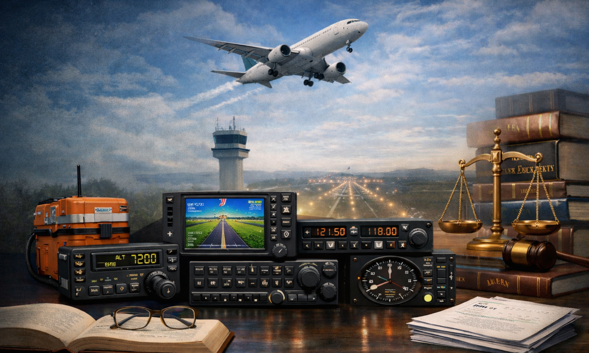 항공운송사업 필수 무선설비를 주제로 한 학술적 표지 이미지로, 항공기 계기와 통신·항법 장비, 관제탑과 활주로, 항공법 관련 문서와 저울이 함께 배치되어 FAA와 대한민국 항공안전법 규정을 비교 분석하는 항공 시스템 개념을 시각화한 이미지