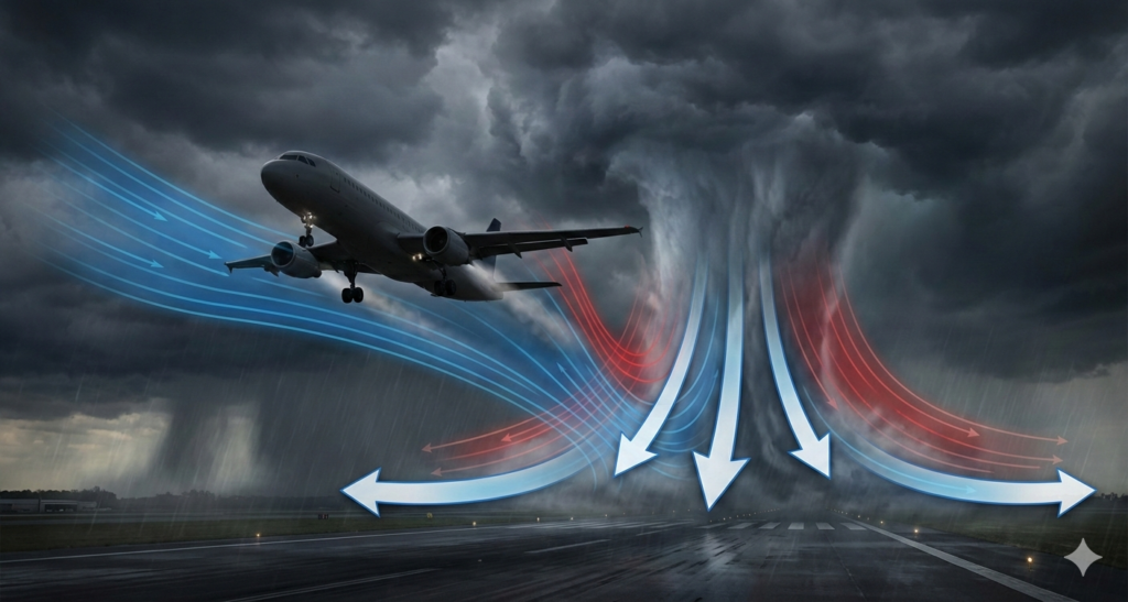 Low-level wind shear and microburst illustration showing an aircraft on final approach encountering a strong downdraft and sudden headwind loss near the runwaㅛ