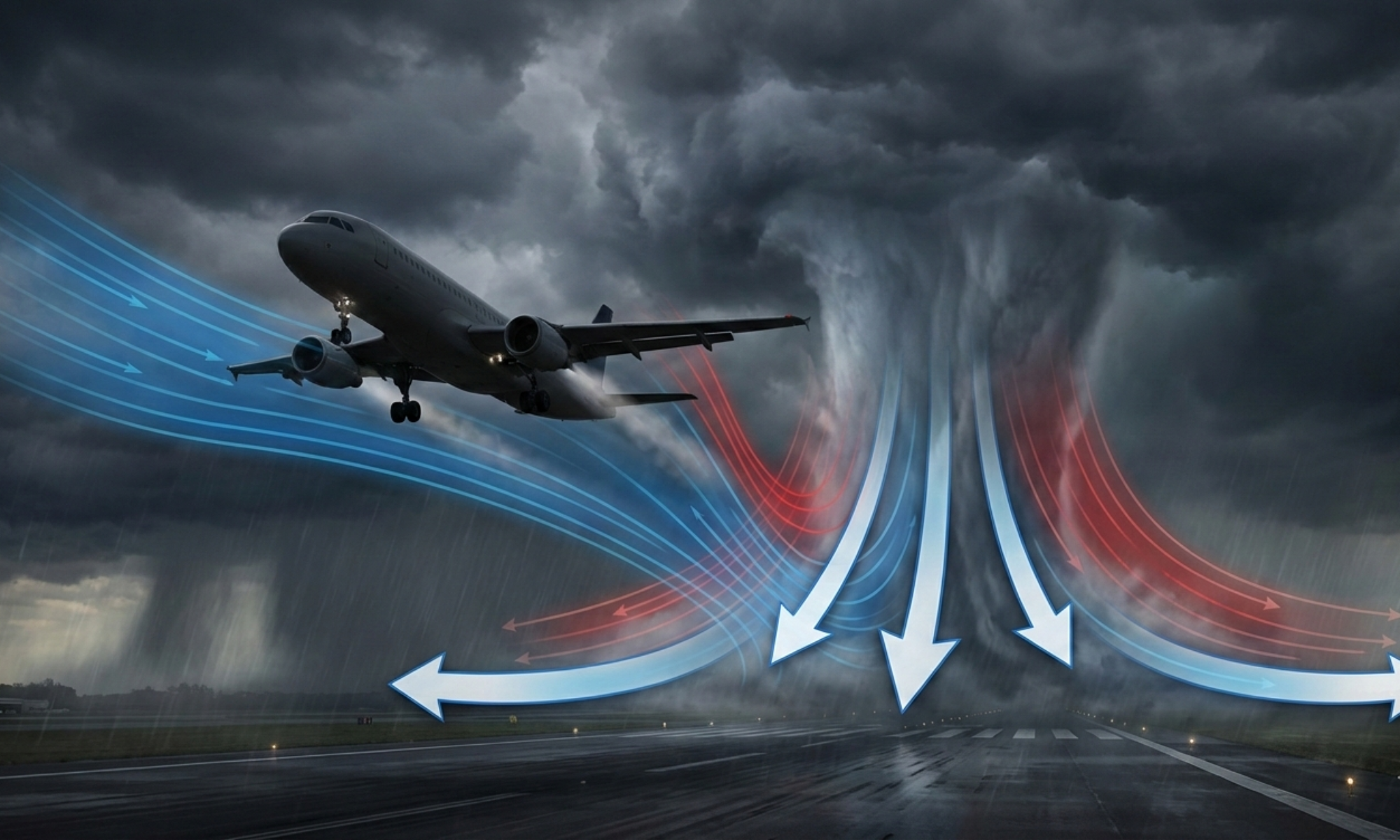 Low-level wind shear and microburst illustration showing an aircraft on final approach encountering a strong downdraft and sudden headwind loss near the runwaㅛ